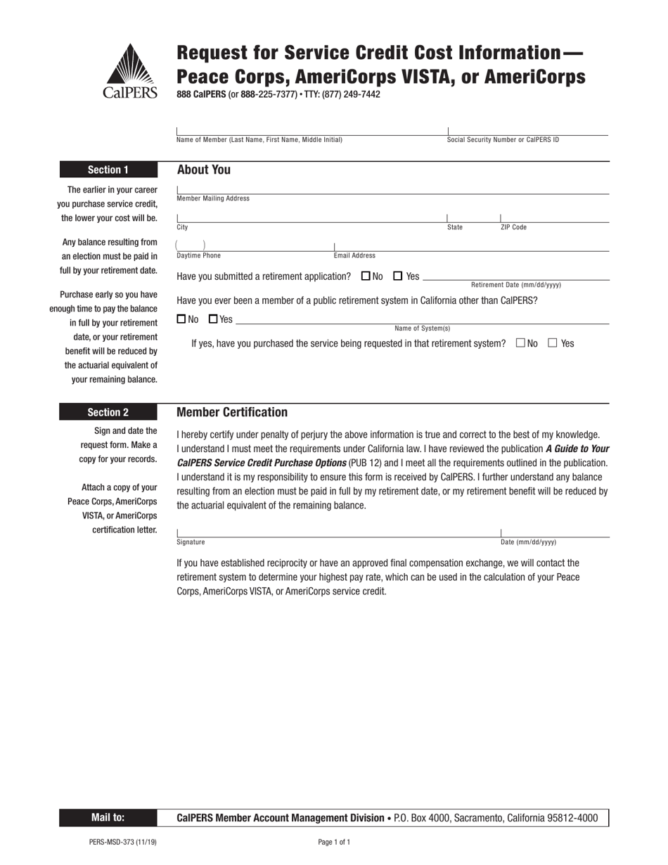 Form PERS-MSD-373 Request for Service Credit Cost Information - Peace Corps, Americorps Vista, or Americorps Service Credit - California, Page 1