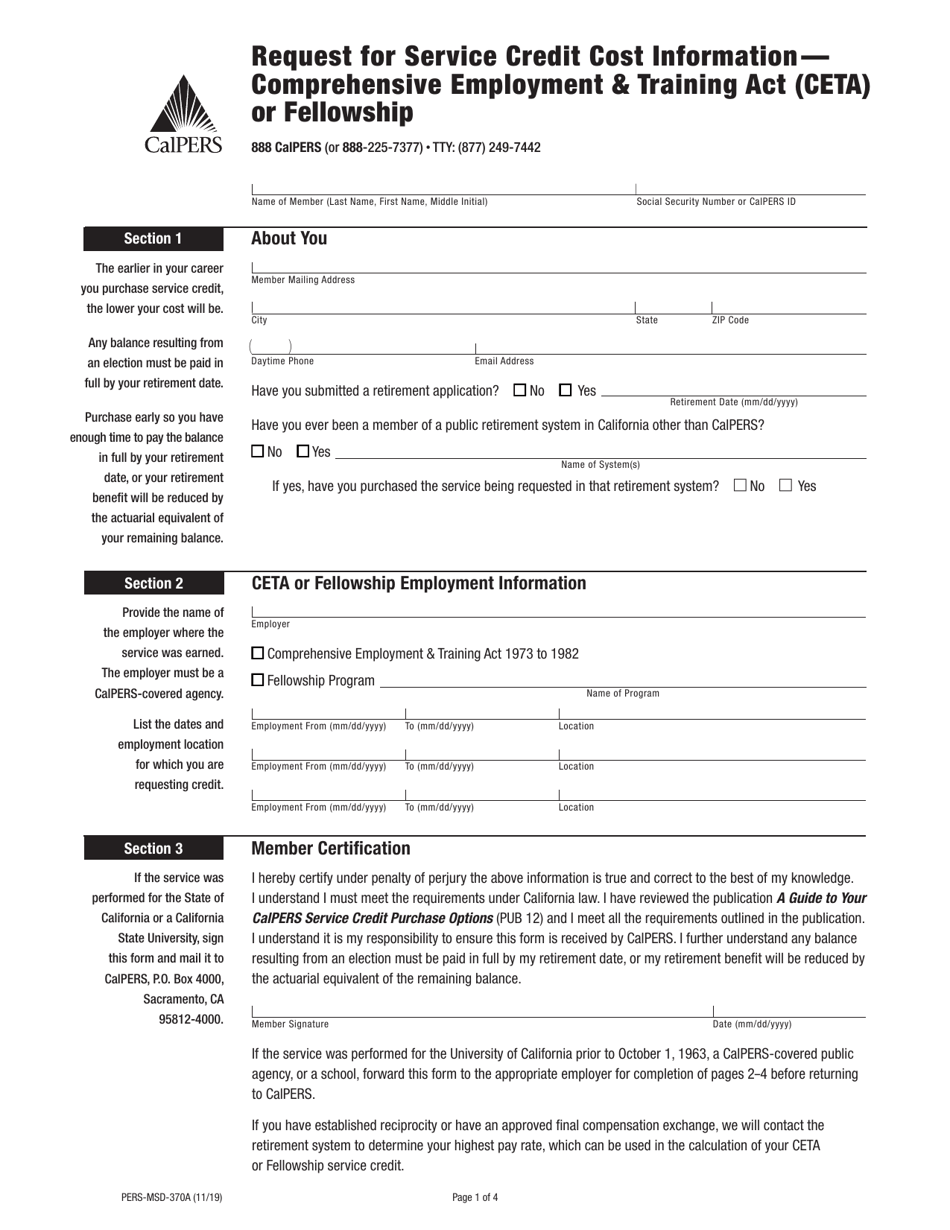Form PERS-MSD-370A Request for Service Credit Cost Information - Comprehensive Employment  Training Act (Ceta) or Fellowship - California, Page 1
