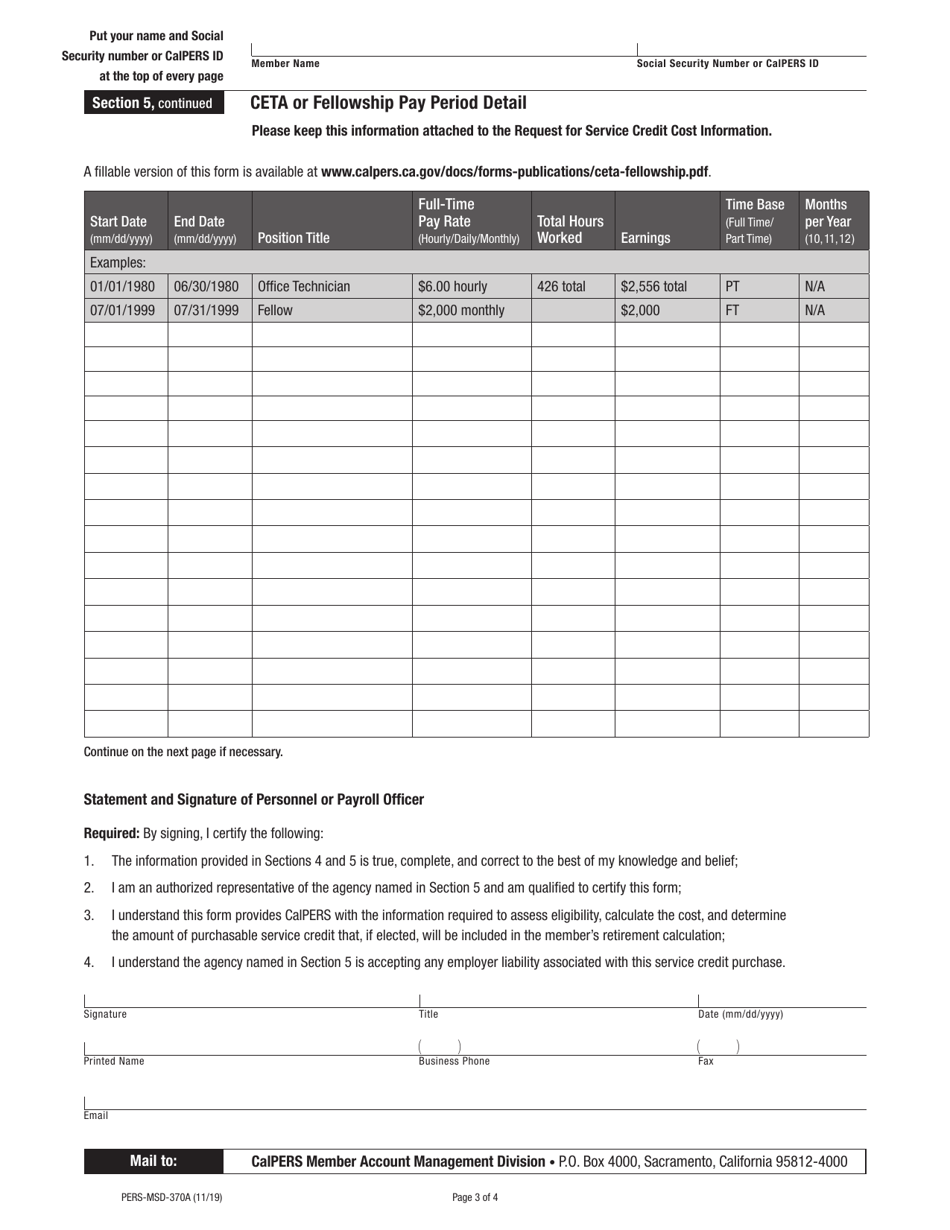 Form PERS-MSD-370A Request for Service Credit Cost Information - Comprehensive Employment  Training Act (Ceta) or Fellowship - California, Page 3
