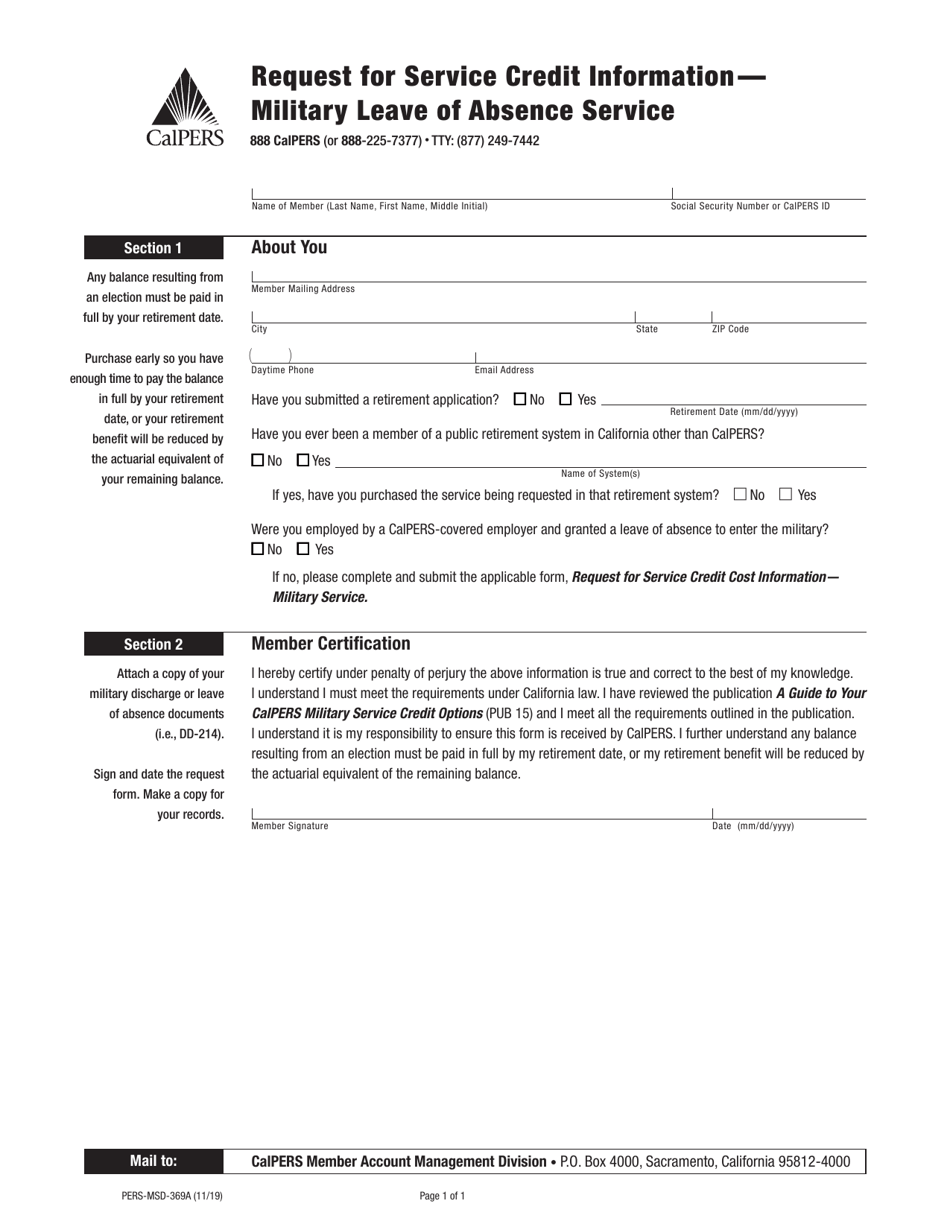 Form PERS-MSD-369A Request for Service Credit Information - Military Leave of Absence Service - California, Page 1