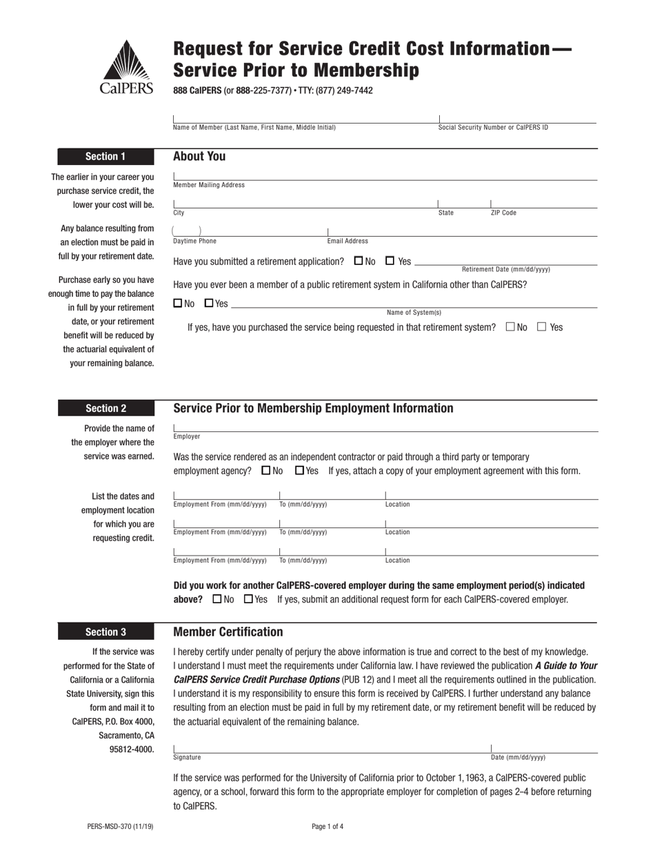 Form PERS-MSD-370 Request for Service Credit Cost Information - Service Prior to Membership - California, Page 1