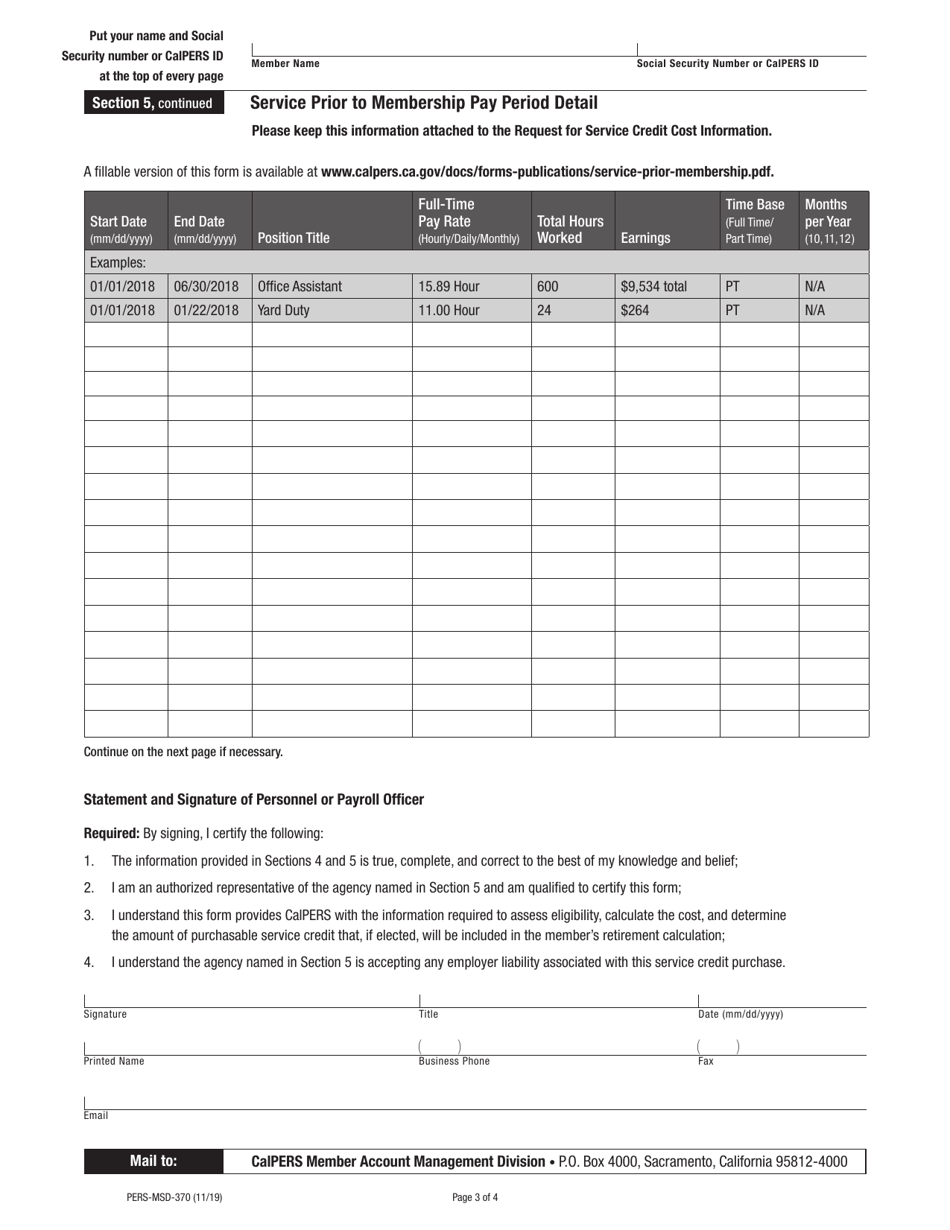 Form PERS-MSD-370 Request for Service Credit Cost Information - Service Prior to Membership - California, Page 3
