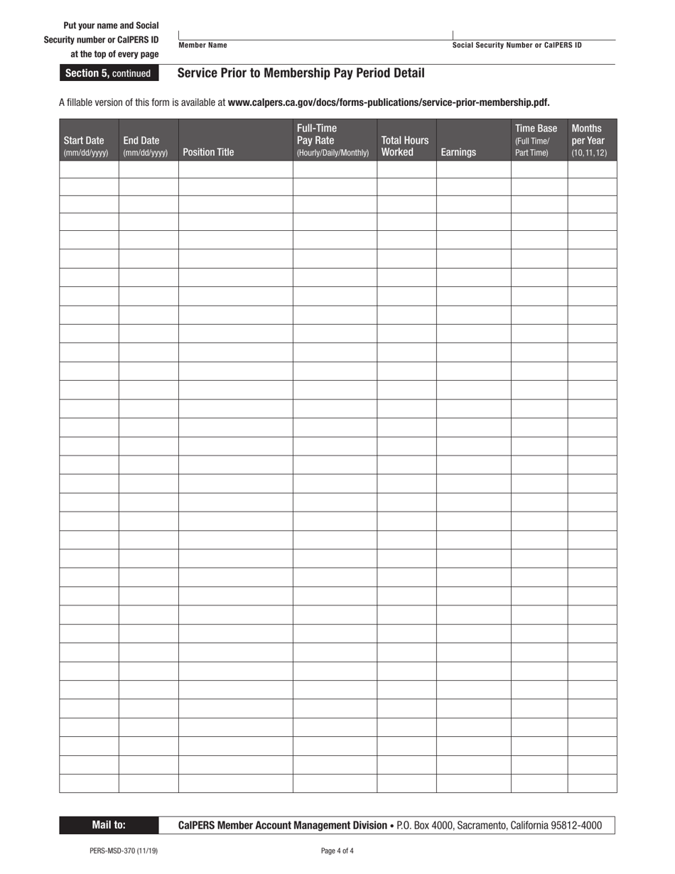 Form PERS-MSD-370 Request for Service Credit Cost Information - Service Prior to Membership - California, Page 4