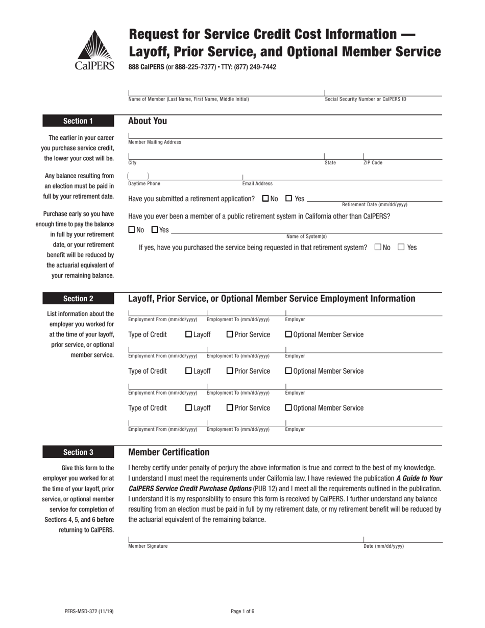Form PERS-MSD-372 Request for Service Credit Cost Information - Layoff, Prior Service, and Optional Member Service - California, Page 1