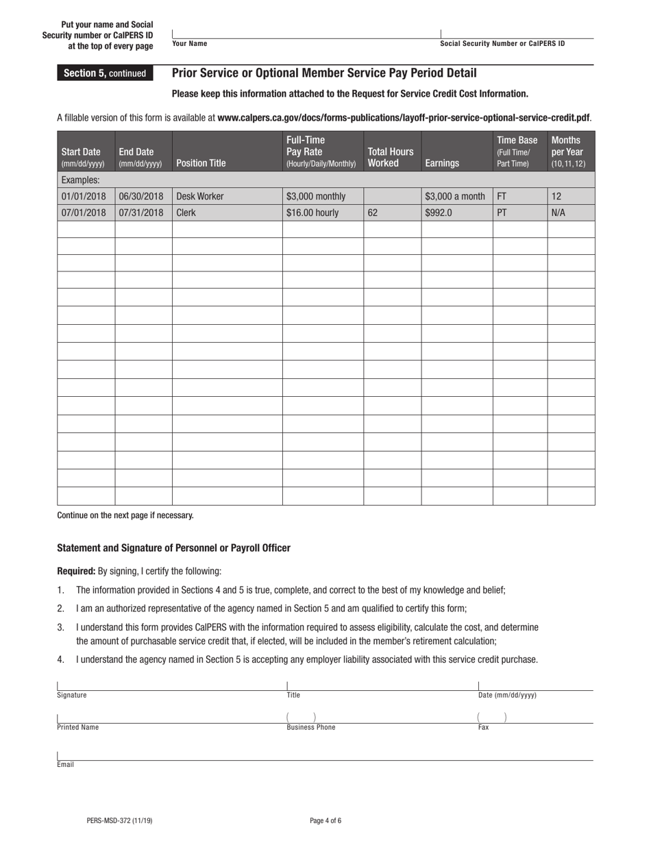 Form PERS-MSD-372 Request for Service Credit Cost Information - Layoff, Prior Service, and Optional Member Service - California, Page 4