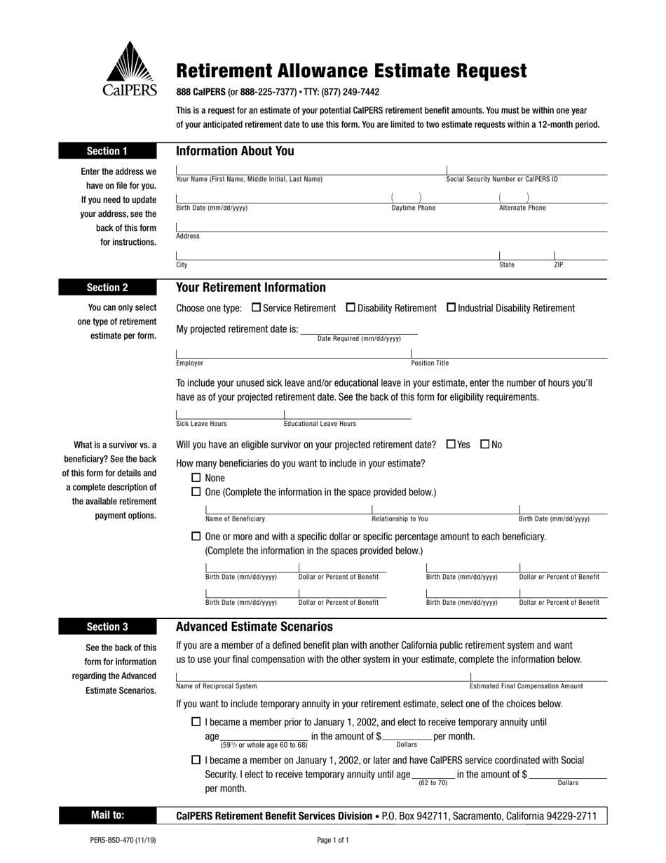 Form PERS-BSD-470 Retirement Allowance Estimate Request - California, Page 1