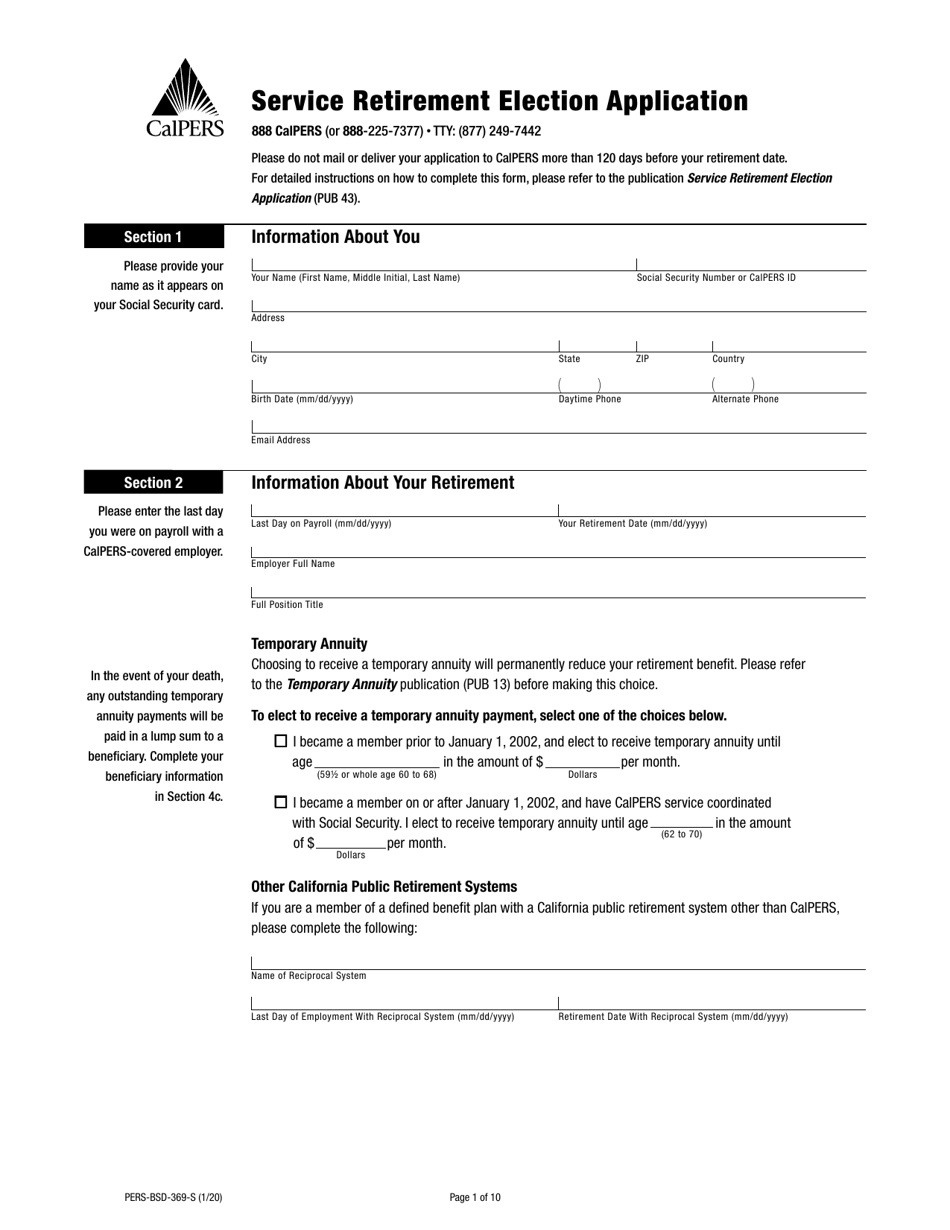 Form PERS-BSD-369-S Service Retirement Election Application - California, Page 1