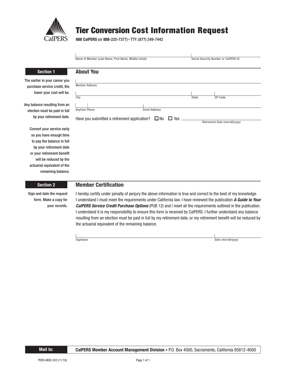 Form PERS-MSD-353 Tier Conversion Cost Information Request - California, Page 1