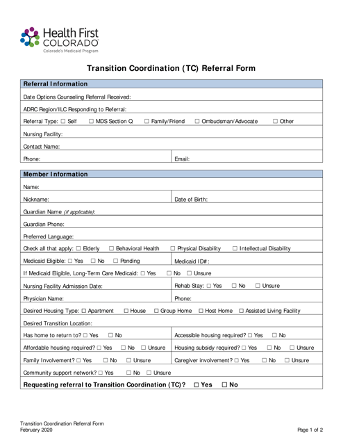 Transition Coordination (Tc) Referral Form - Colorado Download Pdf