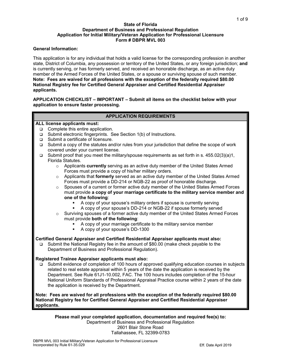 Form DBPR MVL003 Application for Initial Military / Veteran Application for Professional Licensure - Florida, Page 1