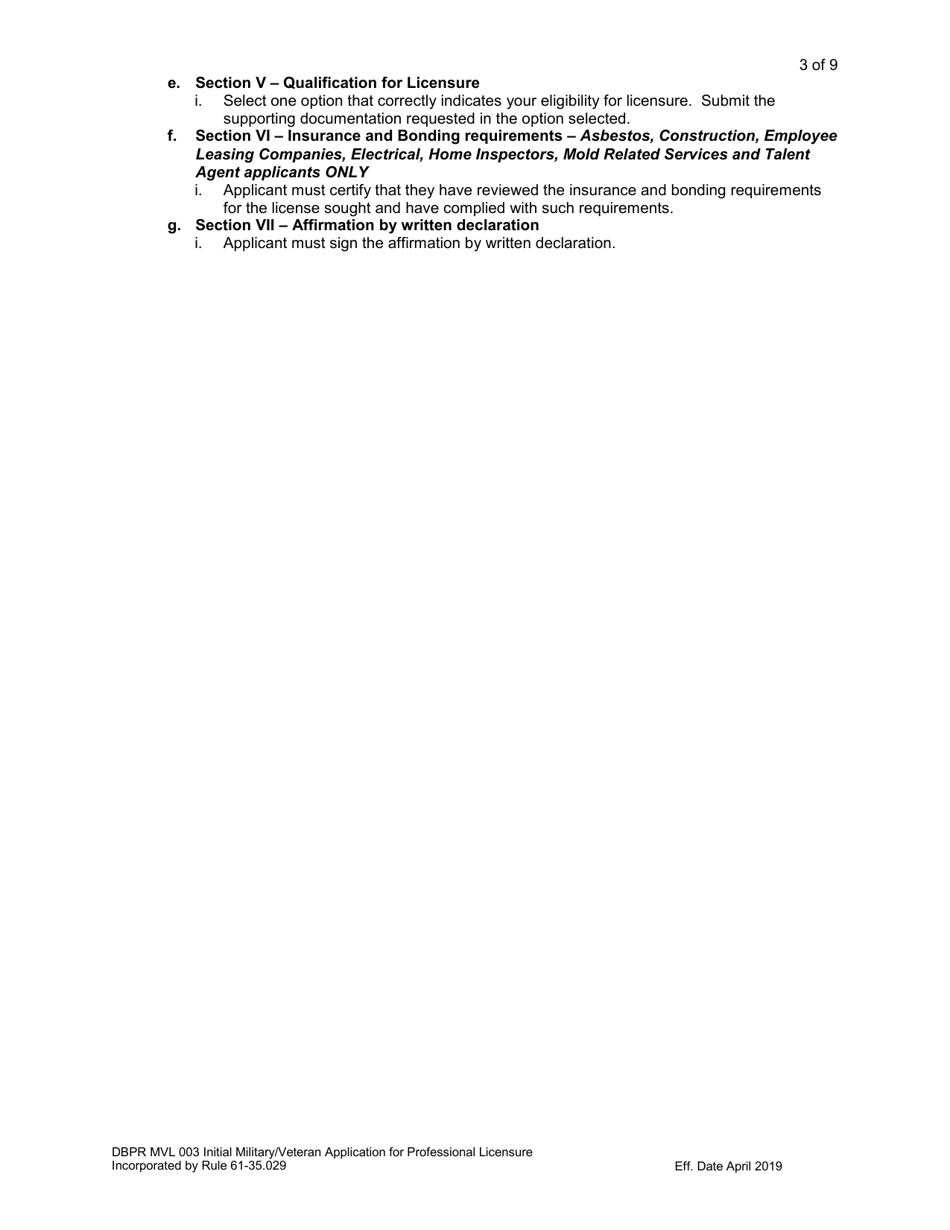 Form DBPR MVL003 Application for Initial Military / Veteran Application for Professional Licensure - Florida, Page 3