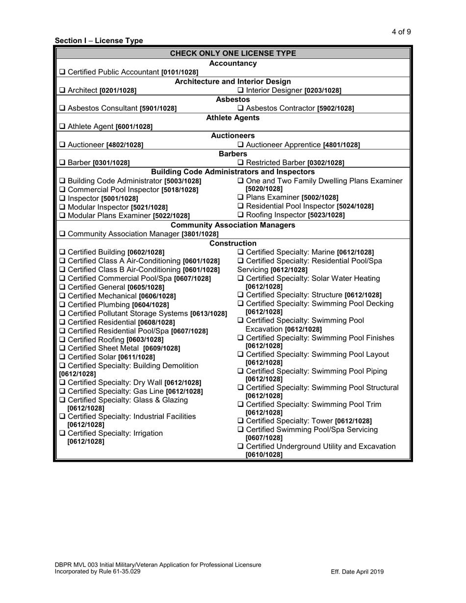 Form DBPR MVL003 Application for Initial Military / Veteran Application for Professional Licensure - Florida, Page 4