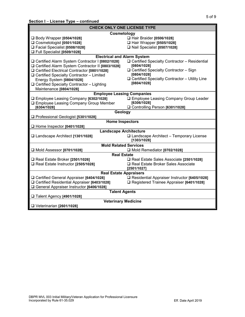 Form DBPR MVL003 Application for Initial Military / Veteran Application for Professional Licensure - Florida, Page 5