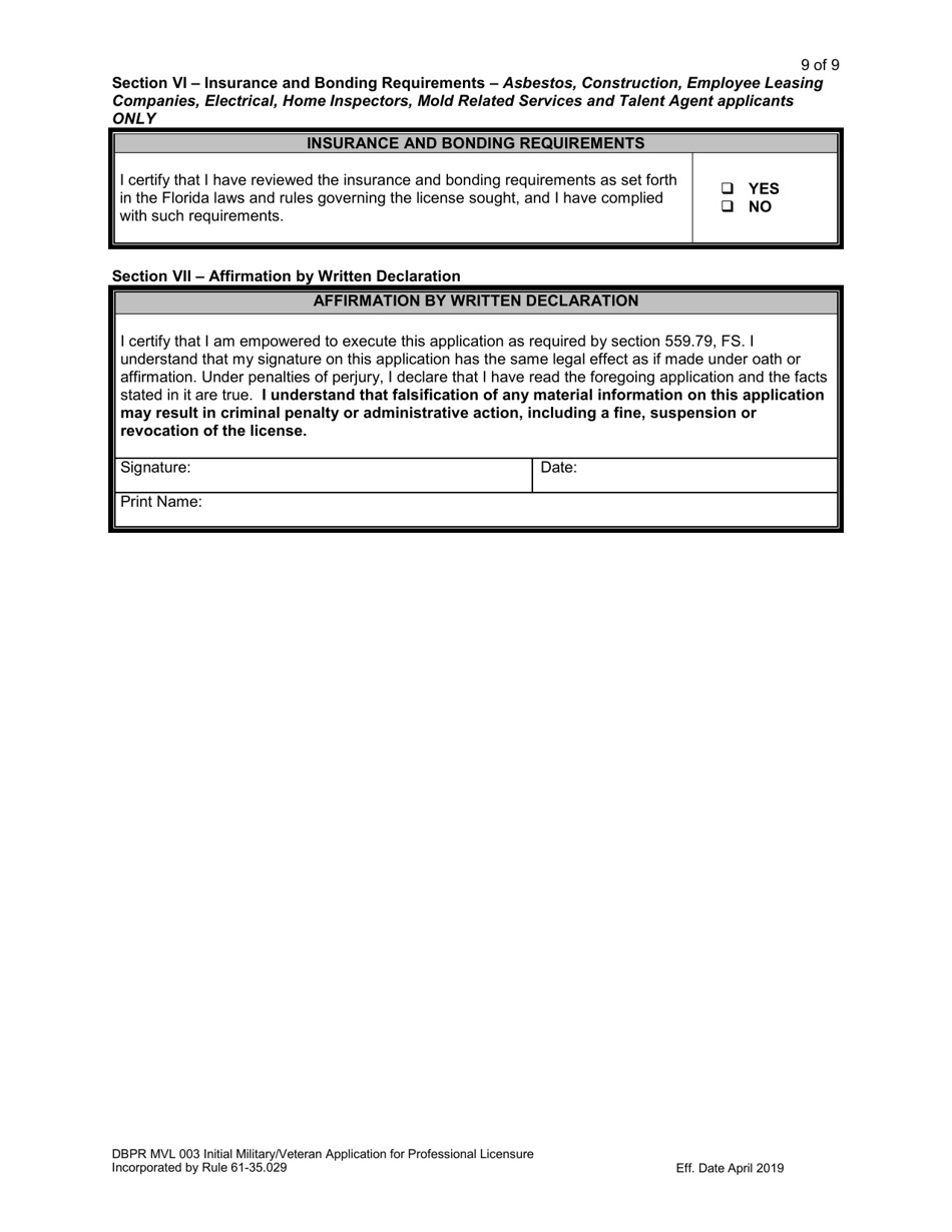 Form DBPR MVL003 Application for Initial Military / Veteran Application for Professional Licensure - Florida, Page 9