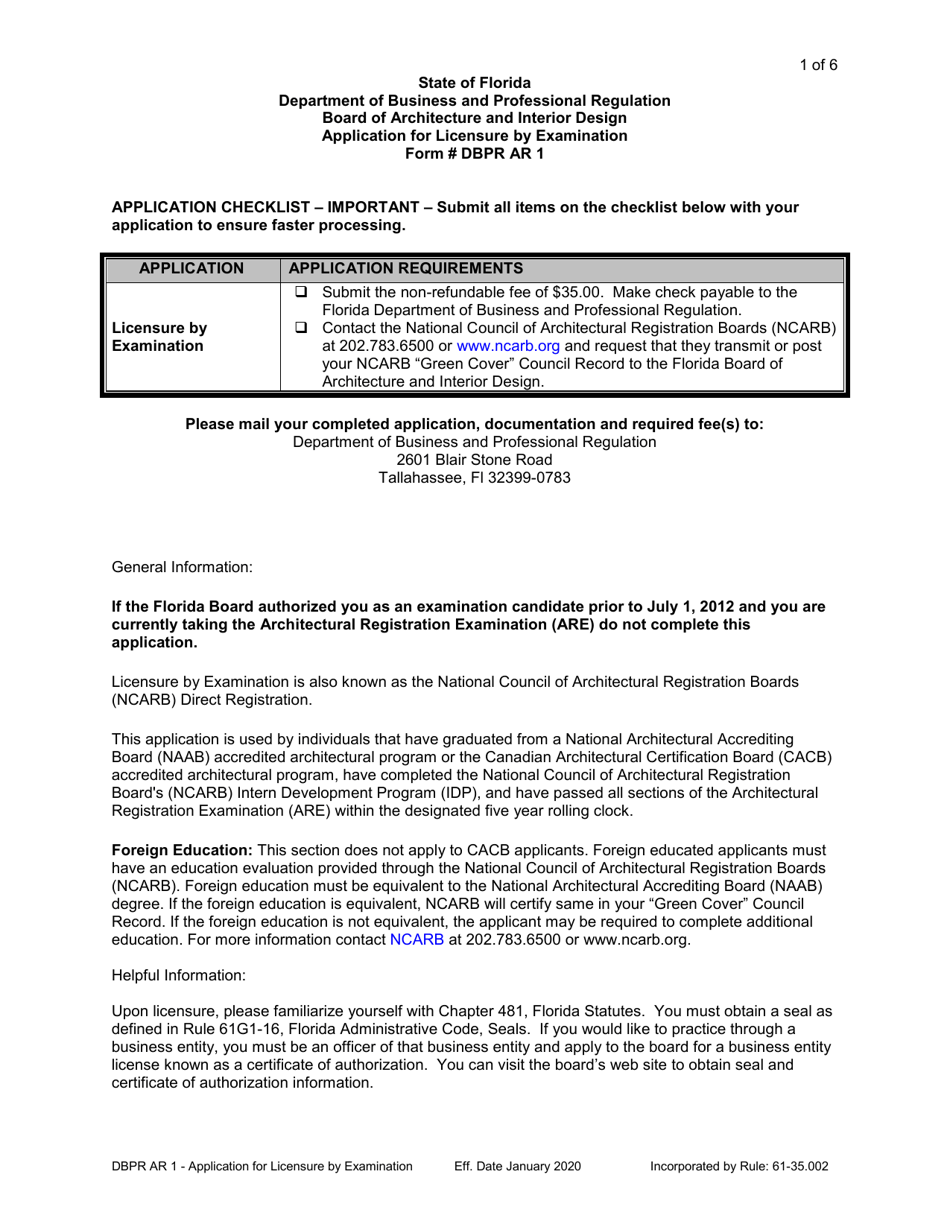 Form DBPR AR1 Application for Licensure by Examination - Florida, Page 1