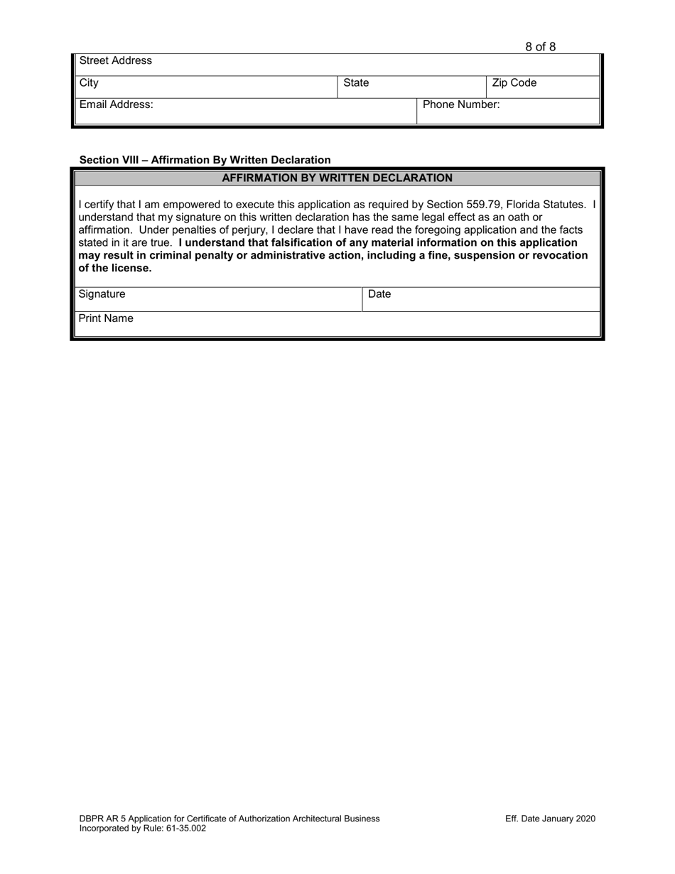 Form DBPR AR5 Application for Certificate of Authorization Architectural Business - Florida, Page 8