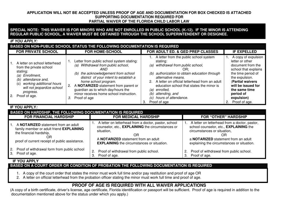 Form FCL1002 Application for Waiver of Florida Child Labor Law - Florida, Page 2