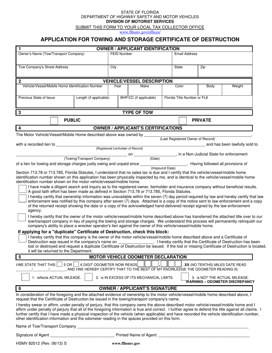Form HSMV81012 Application for Towing and Storage Certificate of Destruction - Florida, Page 1