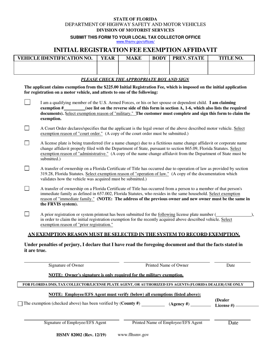 Form HSMV82002 Initial Registration Fee Exemption Affidavit - Florida, Page 1