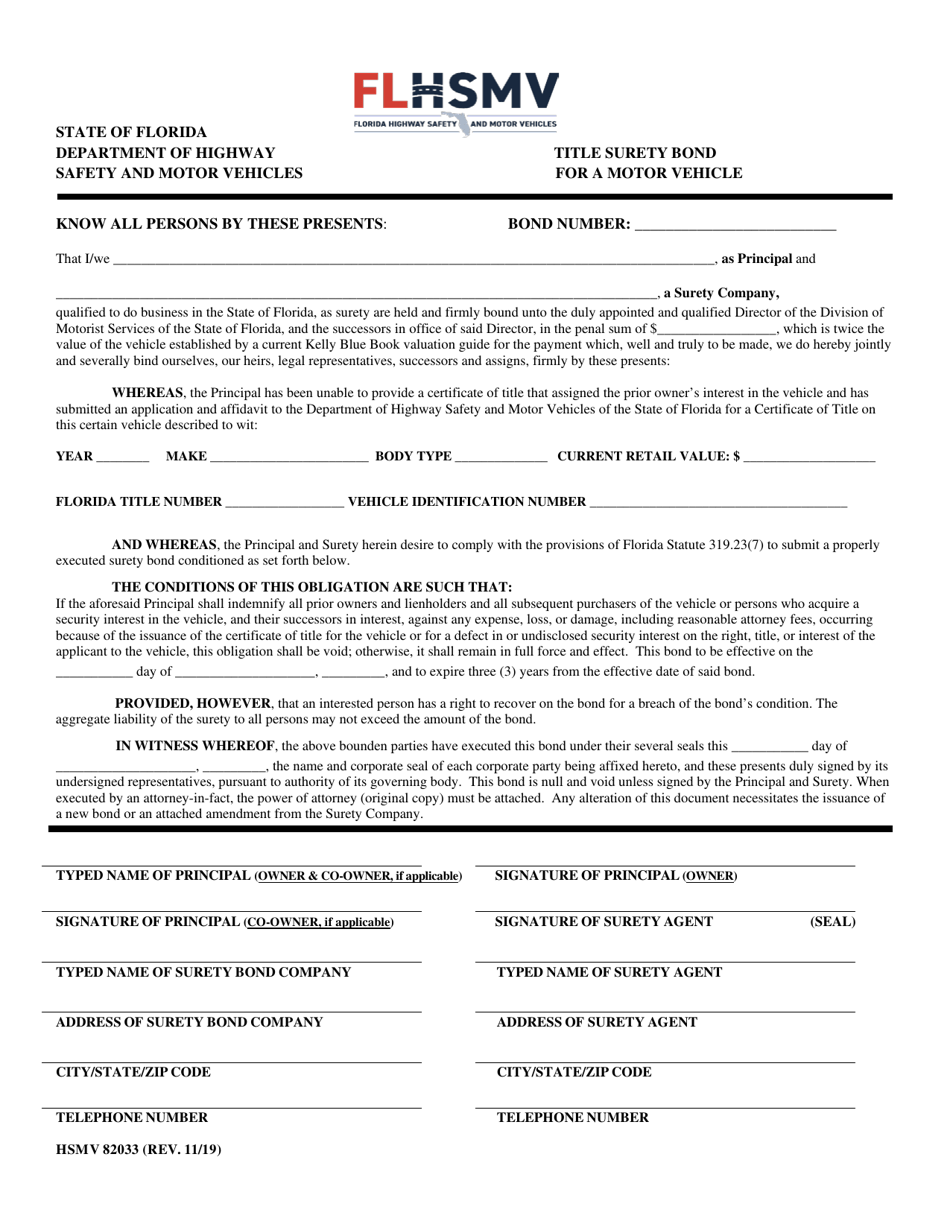 Form HSMV82033 Title Surety Bond for a Motor Vehicle - Florida, Page 1