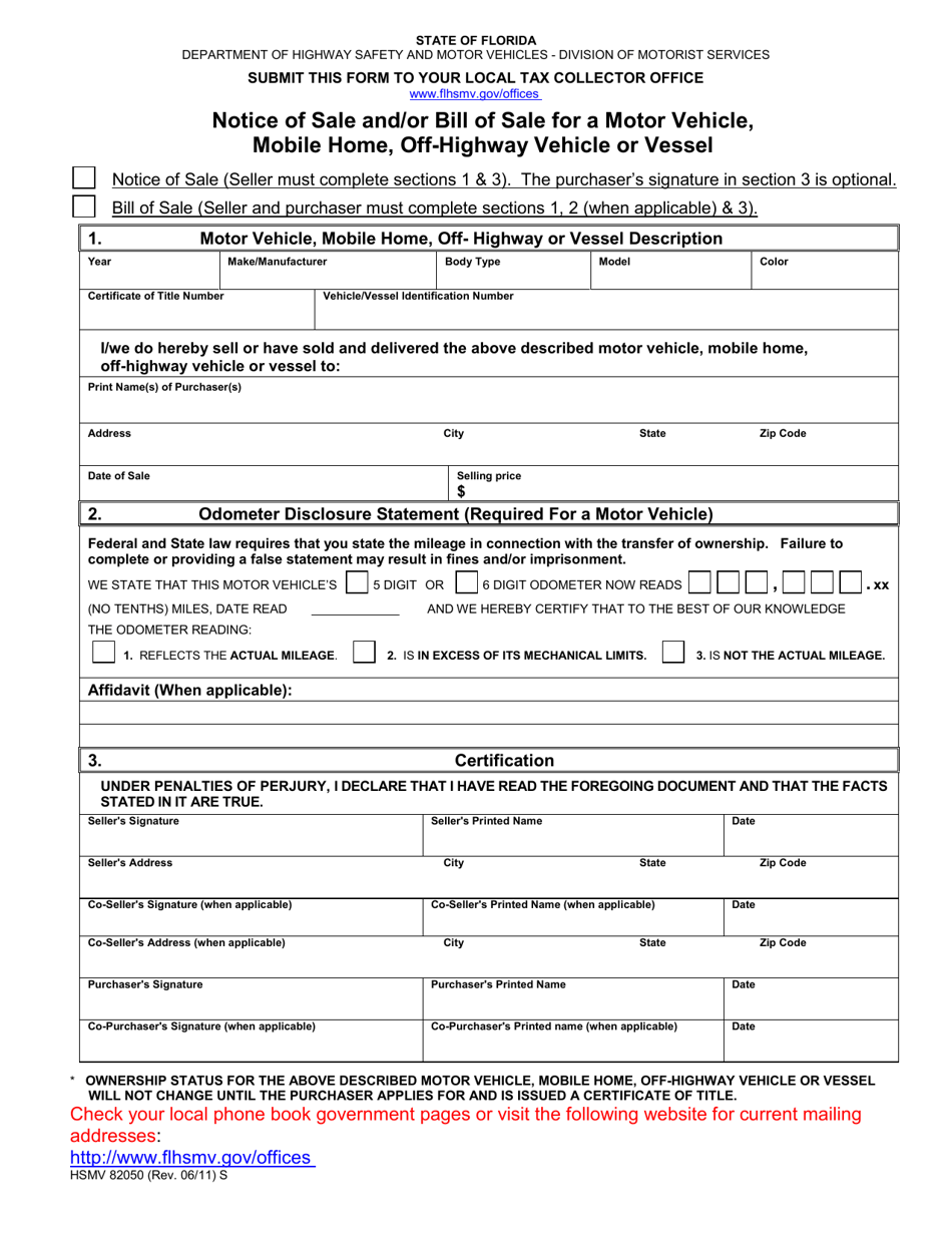 Form HSMV82050 Notice of Sale and / or Bill of Sale for a Motor Vehicle, Mobile Home, Off-Highway Vehicle or Vessel - Florida, Page 1