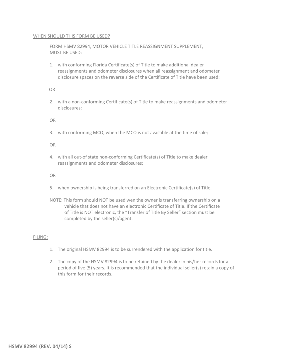 Form HSMV82994 Motor Vehicle Title Reassignment Supplement - Florida, Page 2