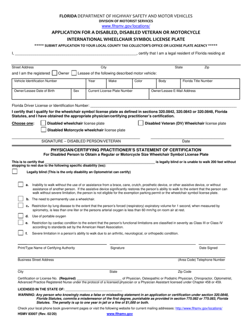 Form HSMV83007 Application for a Disabled, Disabled Veteran or Motorcycle International Wheelchair Symbol License Plate - Florida