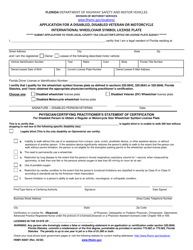 Form HSMV83007 Application for a Disabled, Disabled Veteran or Motorcycle International Wheelchair Symbol License Plate - Florida