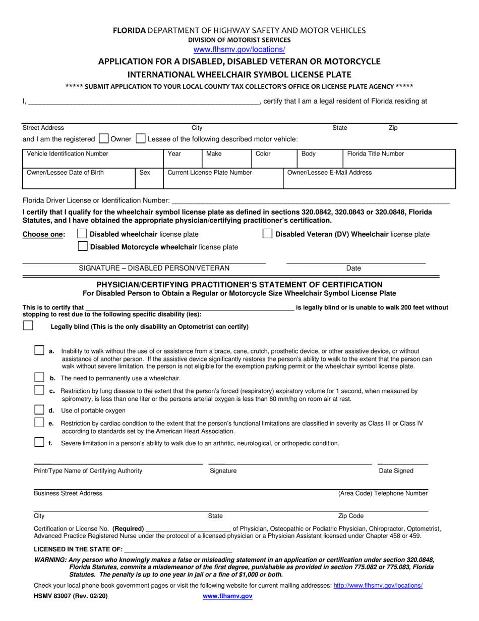 Form HSMV83007 Application for a Disabled, Disabled Veteran or Motorcycle International Wheelchair Symbol License Plate - Florida, Page 1