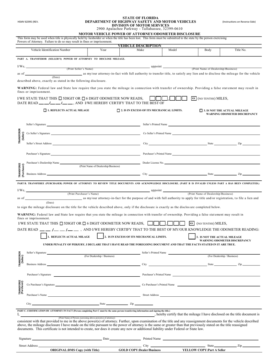 Form HSMV82995 Application for Motor Vehicle Power of Attorney / Odometer Disclosure - Florida, Page 1