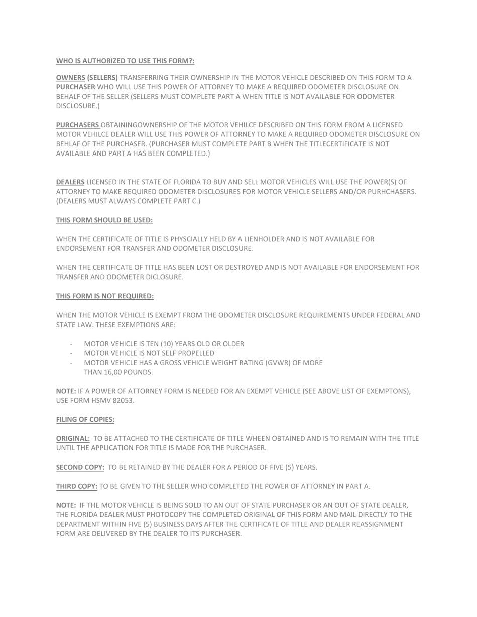 Form HSMV82995 Application for Motor Vehicle Power of Attorney / Odometer Disclosure - Florida, Page 2