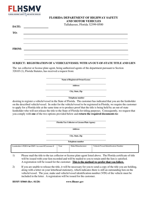Form HSMV83060 Registration of a Vehicle/Vessel With an Out-of-State Title and Lien - Florida