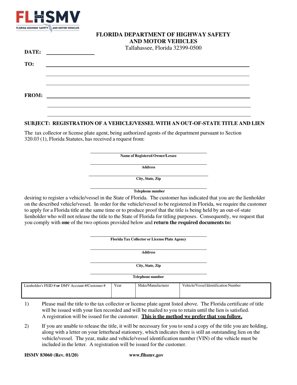Form HSMV83060 Registration of a Vehicle / Vessel With an Out-of-State Title and Lien - Florida, Page 1