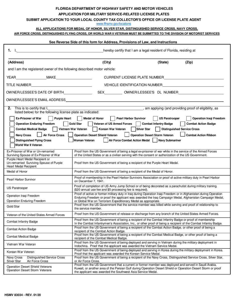 Form HSMV83034 Application for Military Service-Related License Plates - Florida, Page 1