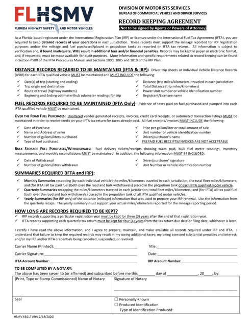 Form HSMV85017 Record Keeping Agreement - Florida