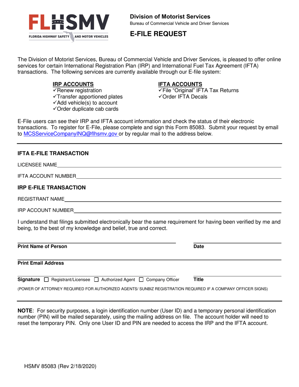 Form HSMV85083 E-File Request - Florida, Page 1