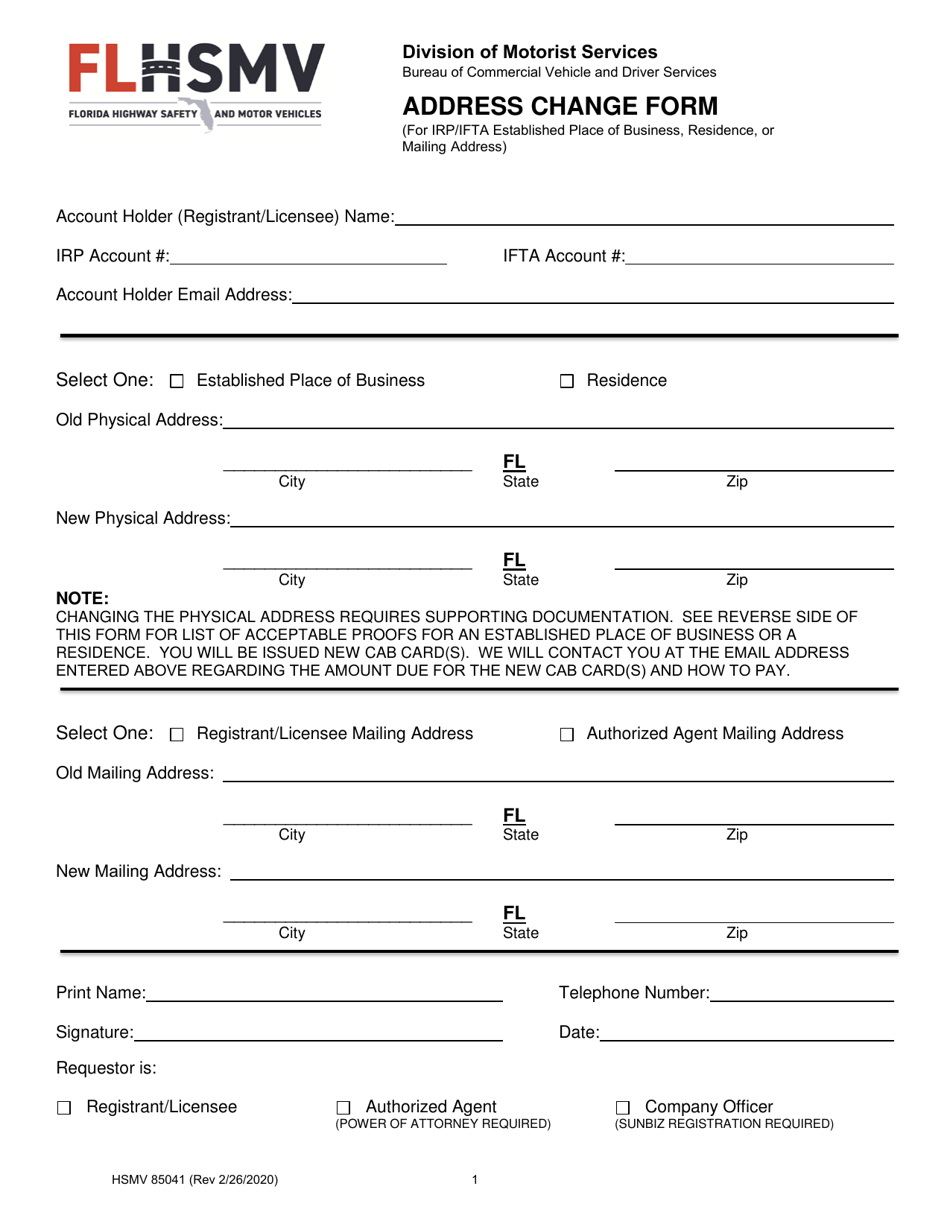 Form HSMV85041 Address Change Form - Florida, Page 1