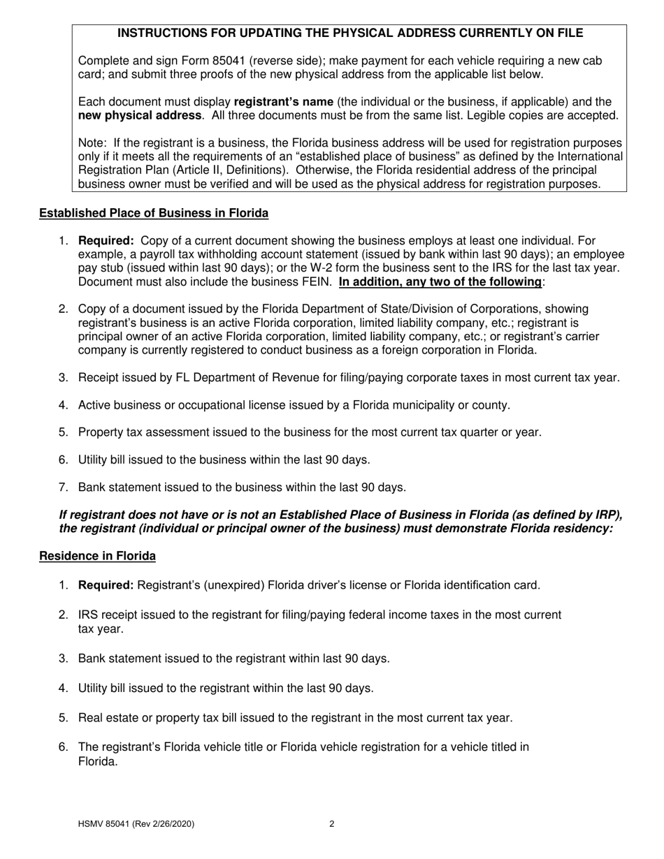 Form HSMV85041 Address Change Form - Florida, Page 2