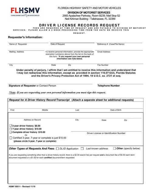Form HSMV90511 Driver License Records Request - Florida
