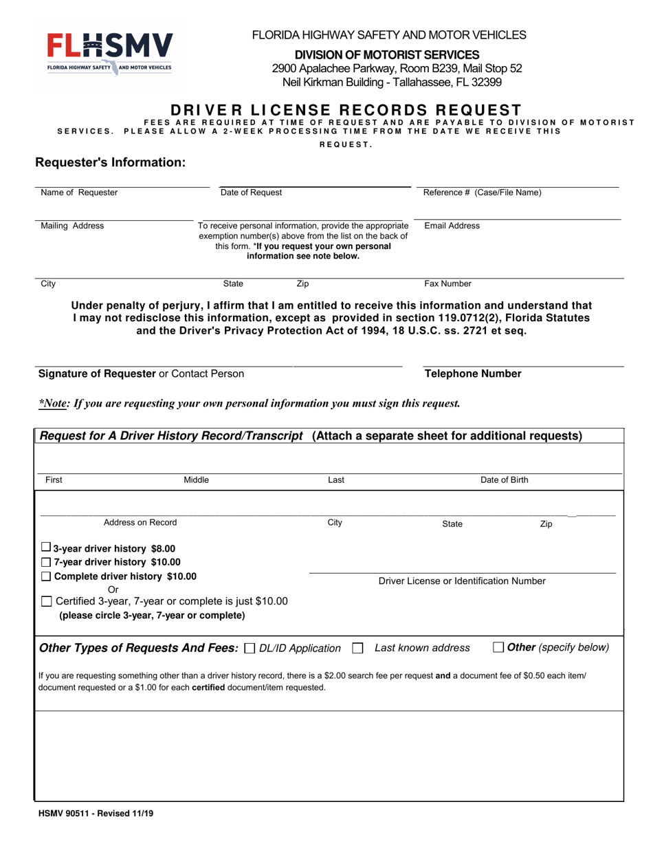Form HSMV90511 Driver License Records Request - Florida, Page 1
