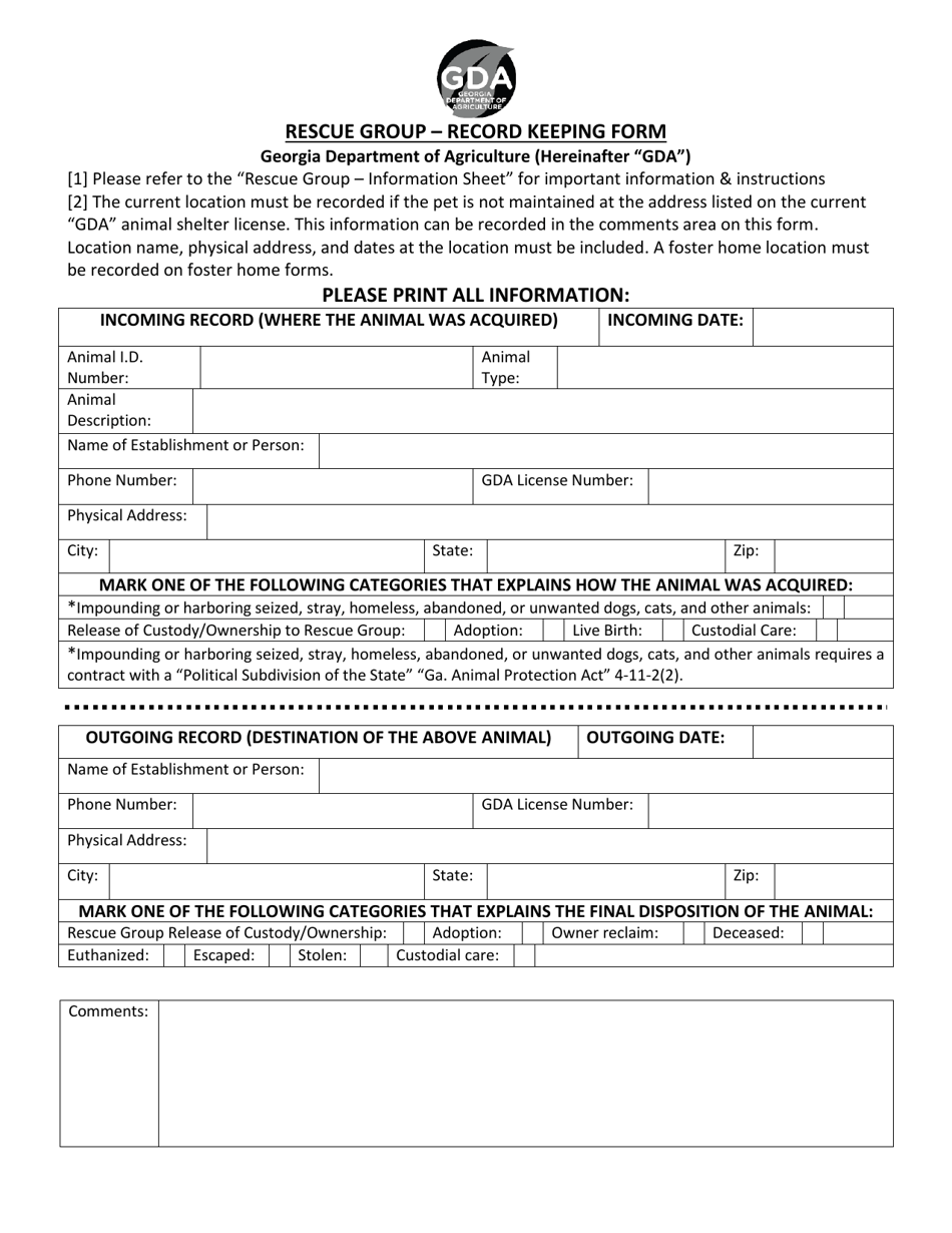 Rescue Group - Record Keeping Form - Georgia (United States), Page 1