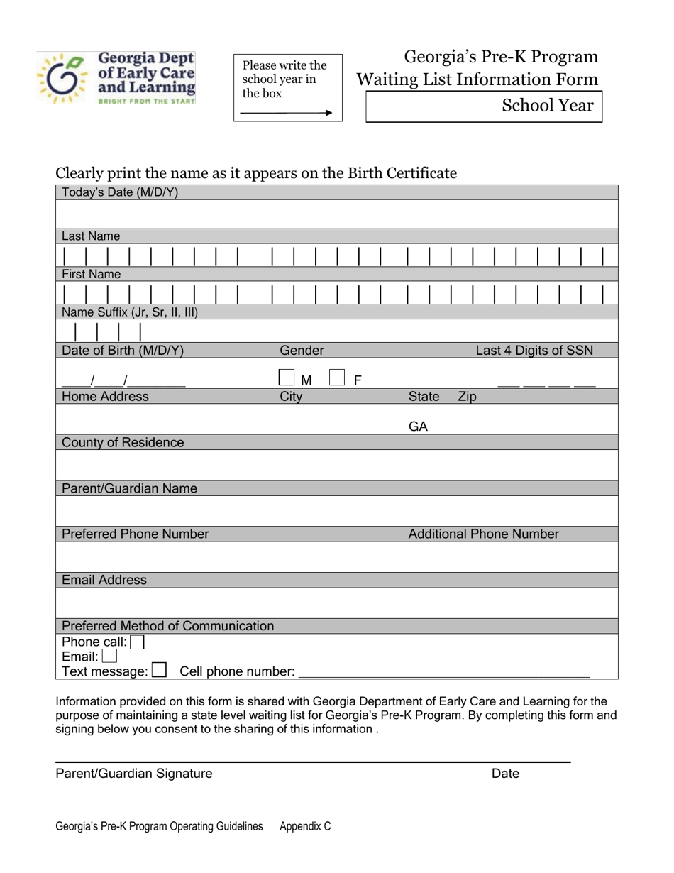 Appendix C Georgias Pre-k Program Waiting List Information Form - Georgia (United States), Page 1