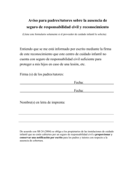 Document preview: Aviso Para Padres/Tutores Sobre La Ausencia De Seguro De Responsabilidad Civil Y Reconocimiento - Georgia (United States) (Spanish)