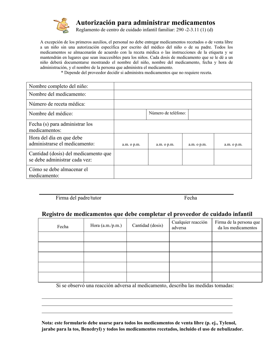Autorizacion Para Administrar Medicamentos - Georgia (United States) (Spanish), Page 1