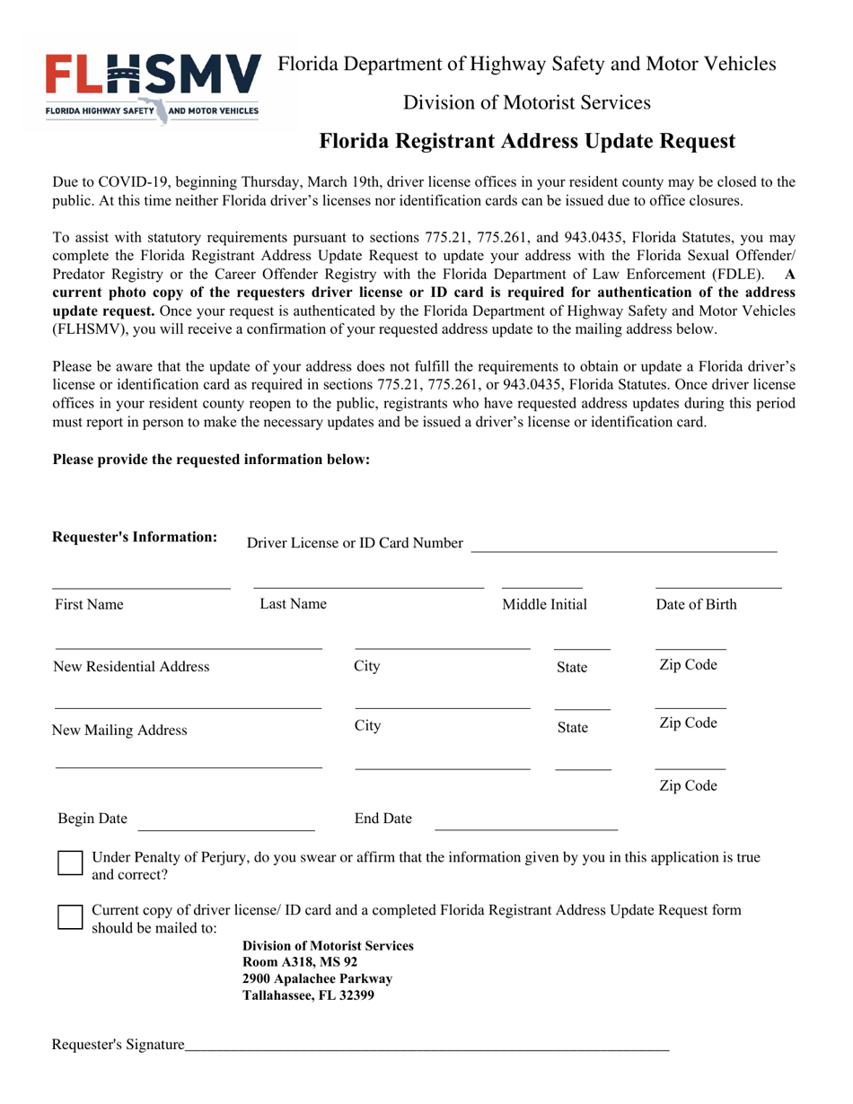 Florida Florida Registrant Address Update Request Fill Out, Sign