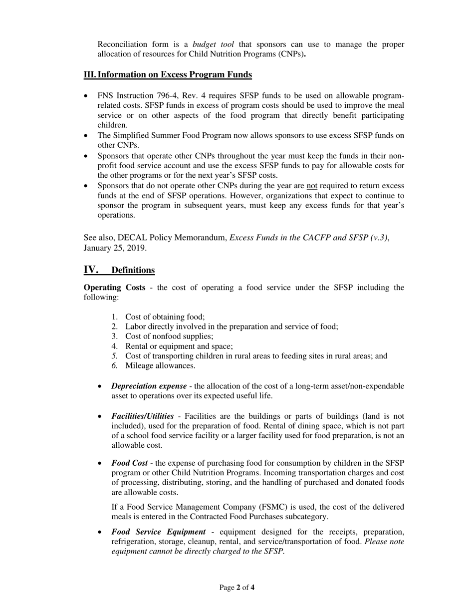 Instructions for Summer Food Service Program (Sfsp) Annual Year End Reconciliation Form - Georgia (United States), Page 2