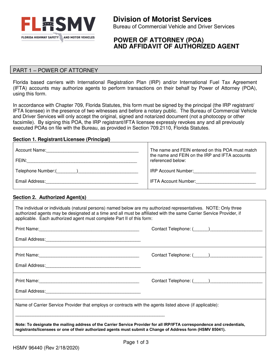 Form HSMV96440 Power of Attorney (Poa) and Affidavit of Authorized Agent - Florida, Page 1