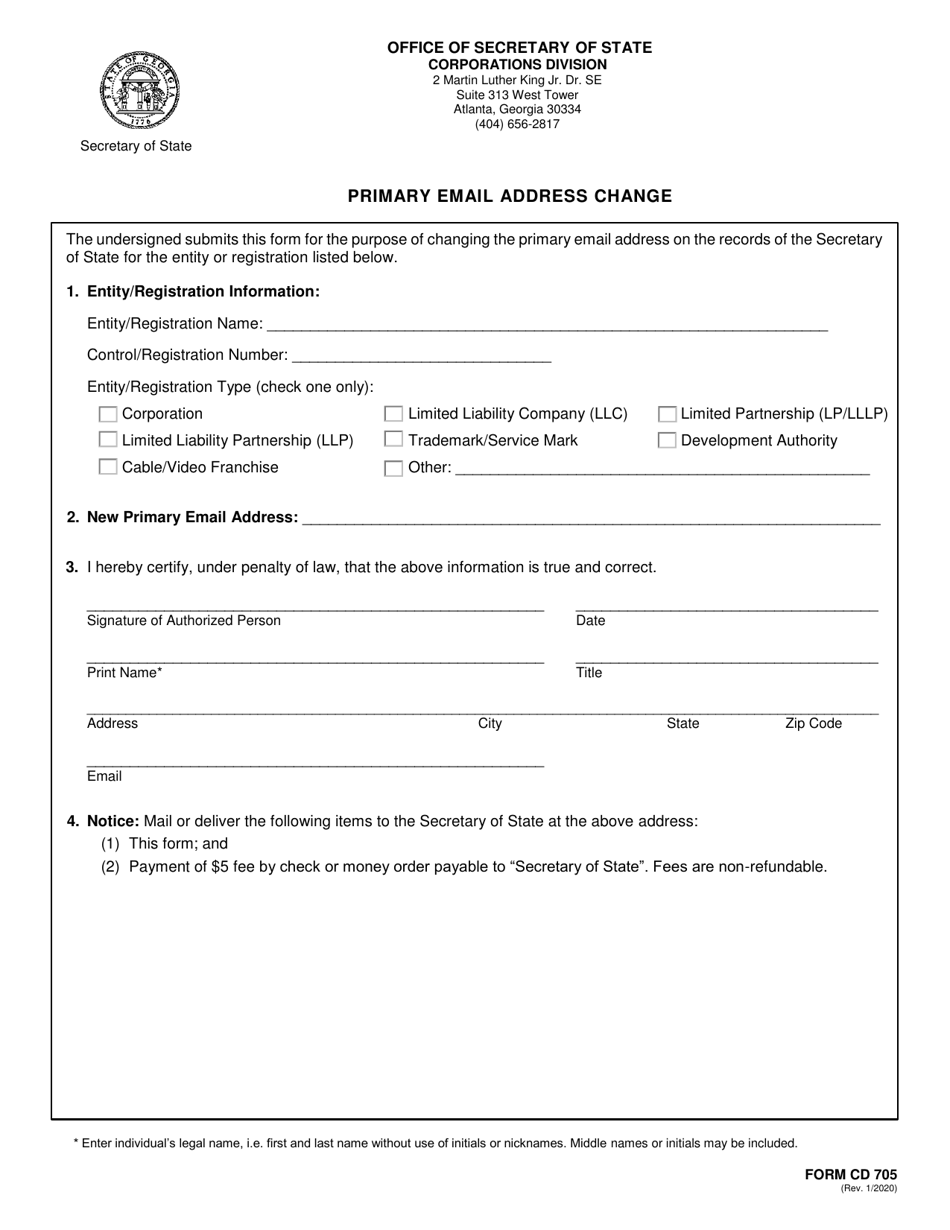 Form CD705 Primary Email Address Change - Georgia (United States), Page 1