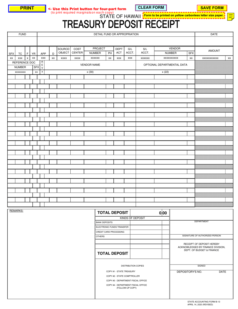 Form B-13 Treasury Deposit Receipt - Hawaii, Page 1