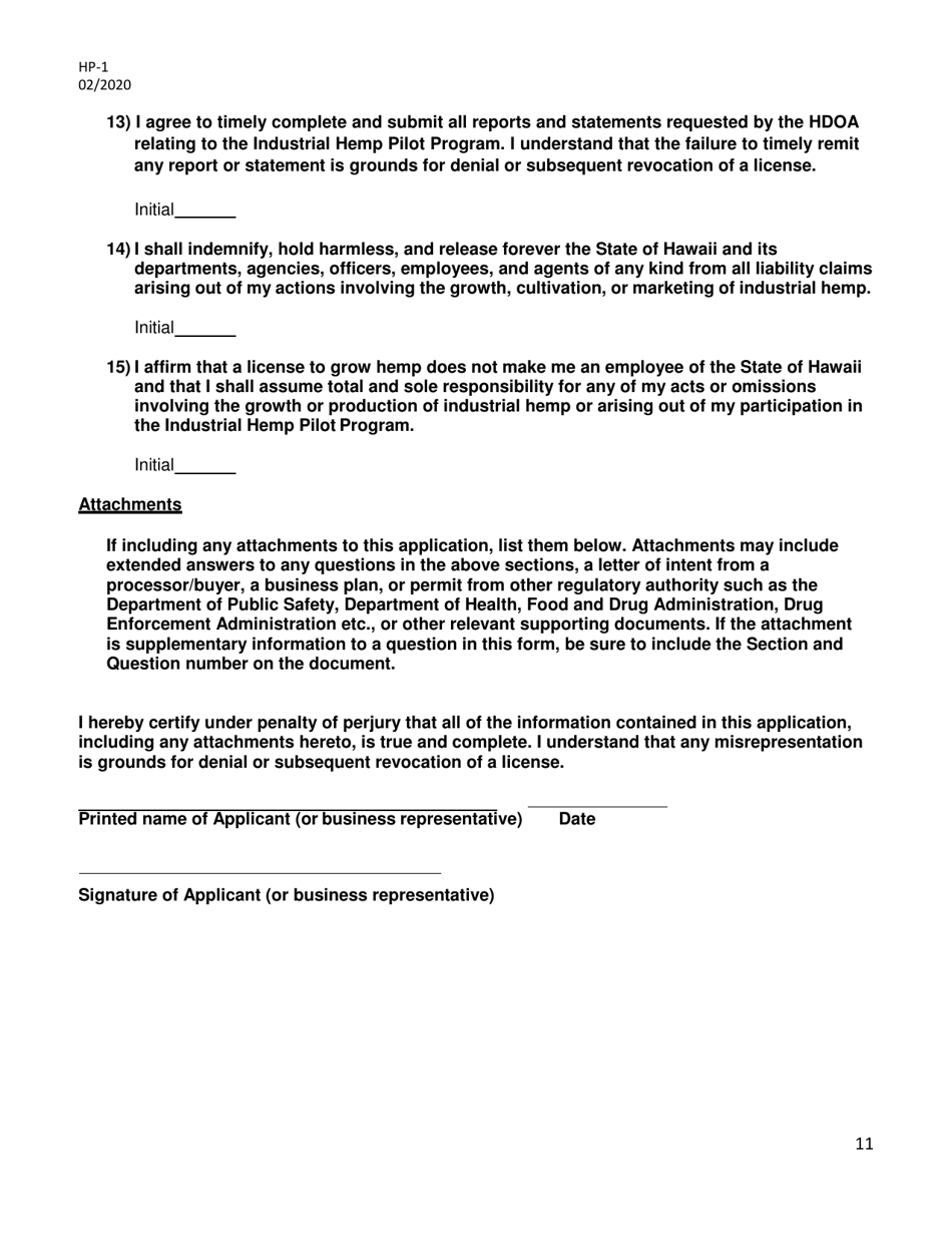 Form HP-1 Industrial Hemp Pilot Program Application - Hawaii, Page 11